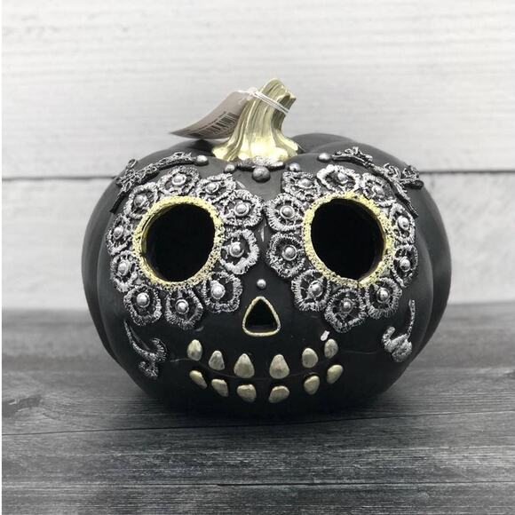 Sugar Skull Black Light Up Jack O Lantern Pumpkin Day Of The Dead Gold Silver - Picture 1 of 4